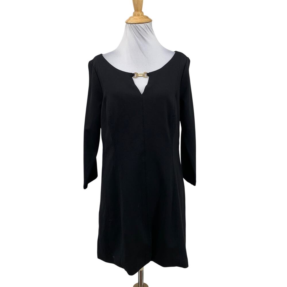 White House Black Market Dress Womens M Medium Black 3Q Bell Notch Neck Tunic